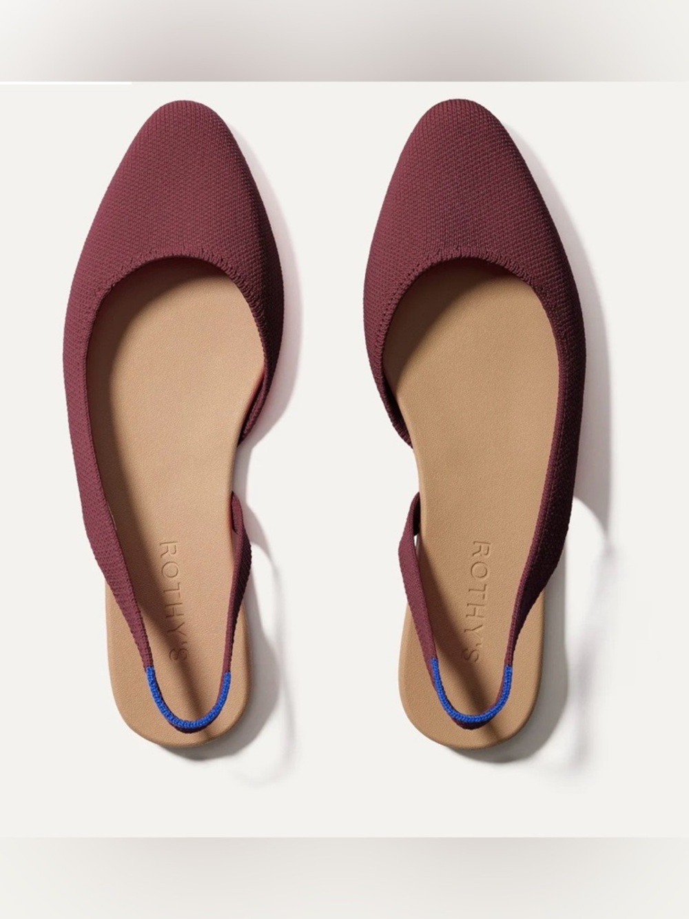 Rothy's Burgundy Slingback Flats with Blue Heel Accent